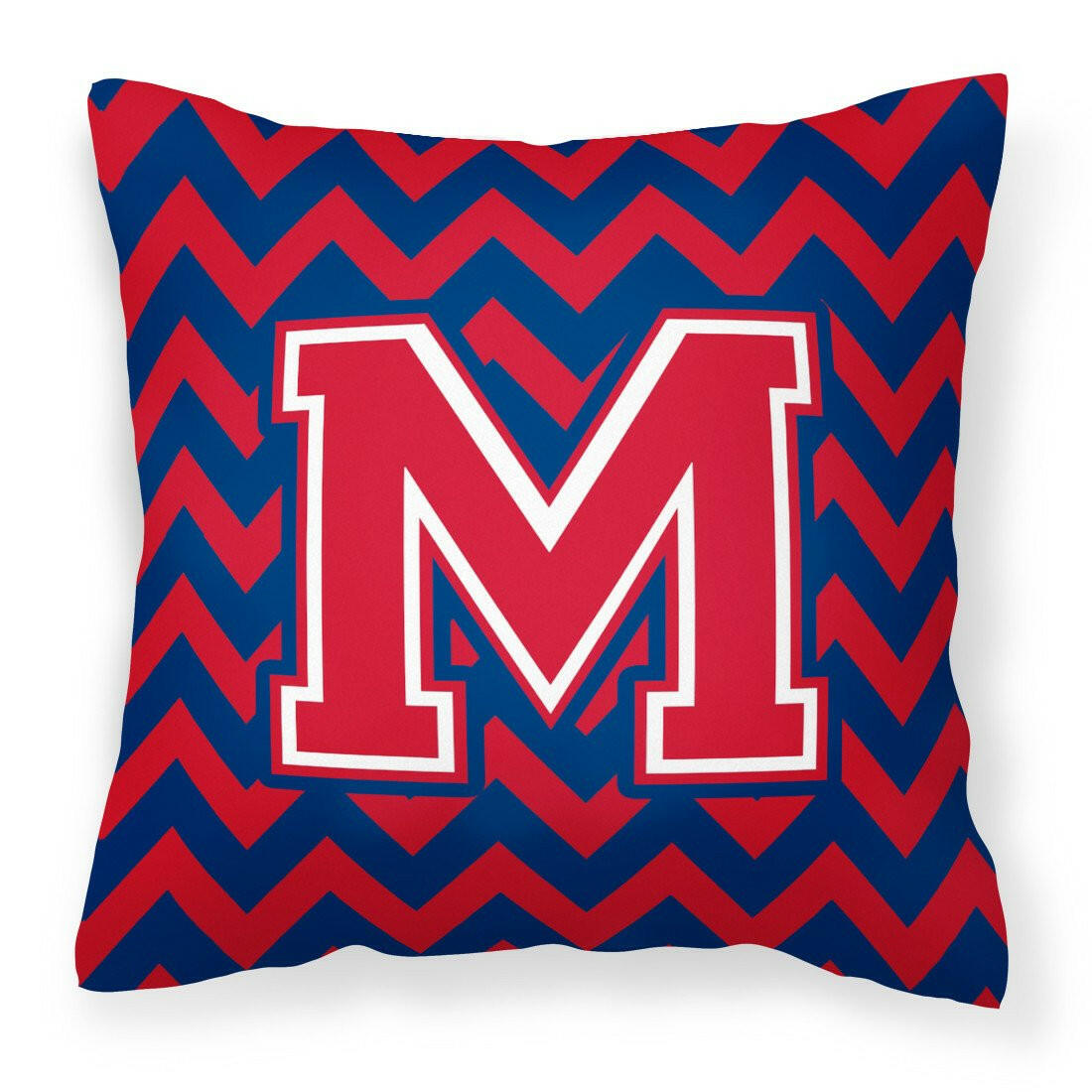 Letter M Chevron Yale Blue and Crimson Fabric Decorative Pillow CJ1054-MPW1414 by Caroline's Treasures