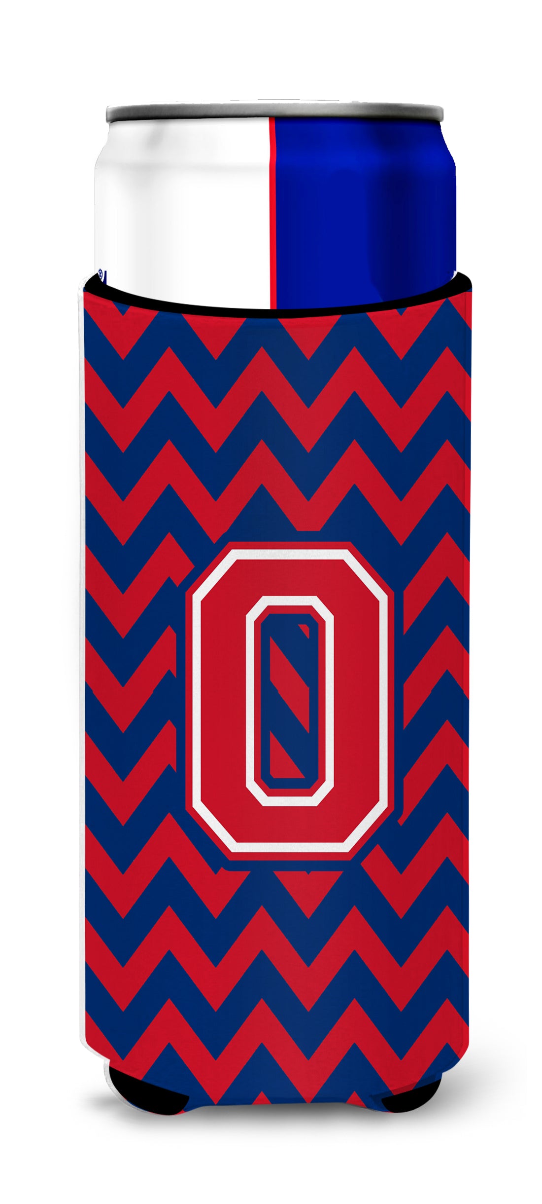 Letter O Chevron Yale Blue and Crimson Ultra Beverage Insulators for slim cans CJ1054-OMUK.