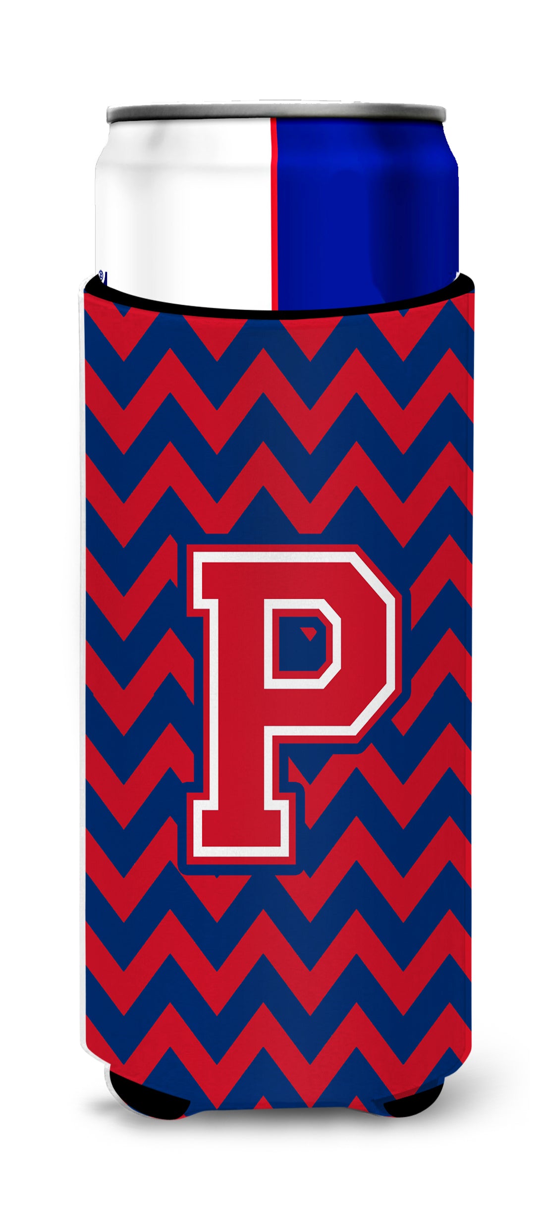 Letter P Chevron Yale Blue and Crimson Ultra Beverage Insulators for slim cans CJ1054-PMUK.