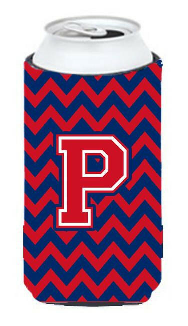 Letter P Chevron Yale Blue and Crimson Tall Boy Beverage Insulator Hugger CJ1054-PTBC by Caroline's Treasures