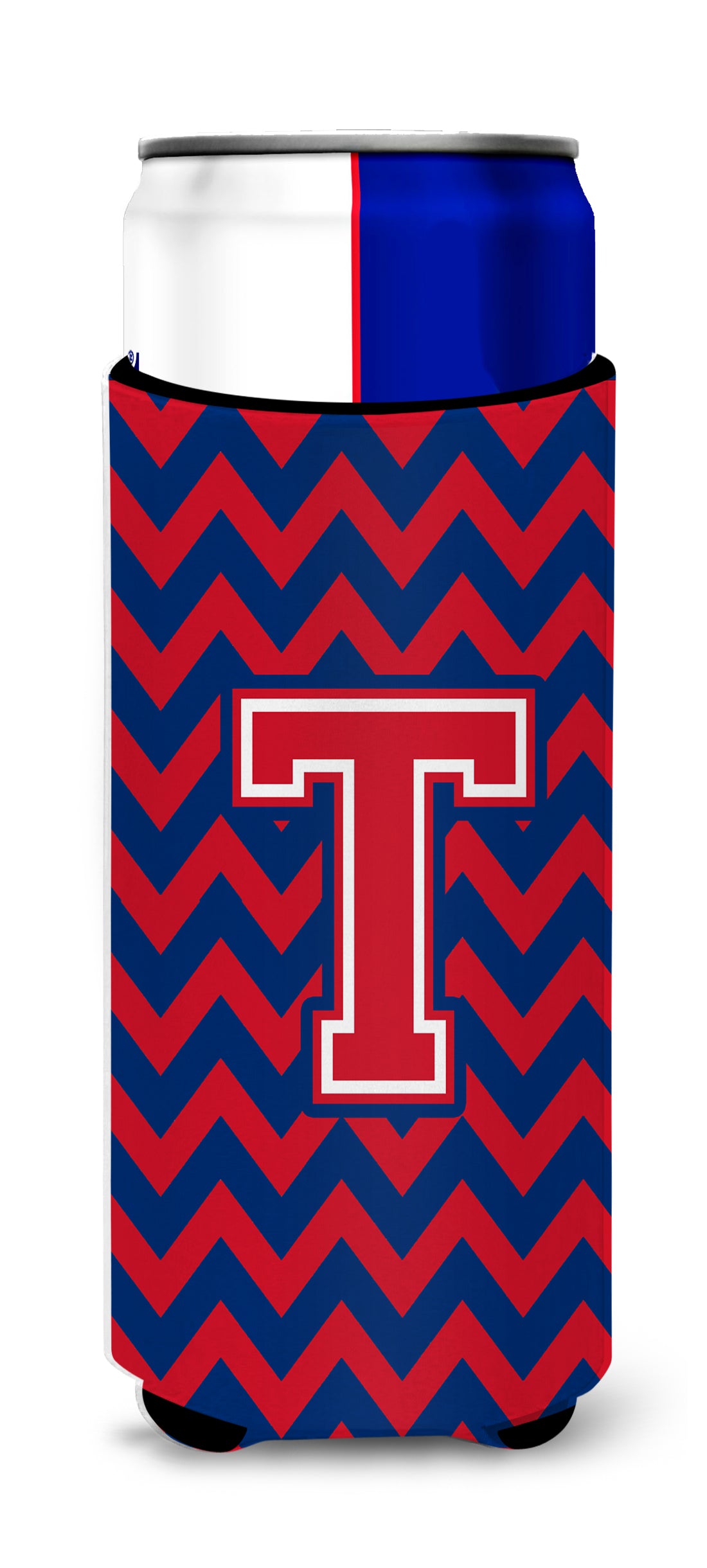 Letter T Chevron Yale Blue and Crimson Ultra Beverage Insulators for slim cans CJ1054-TMUK.