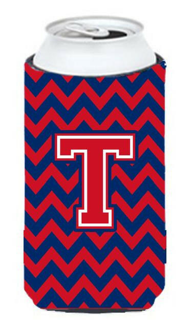 Letter T Chevron Yale Blue and Crimson Tall Boy Beverage Insulator Hugger CJ1054-TTBC by Caroline&#39;s Treasures