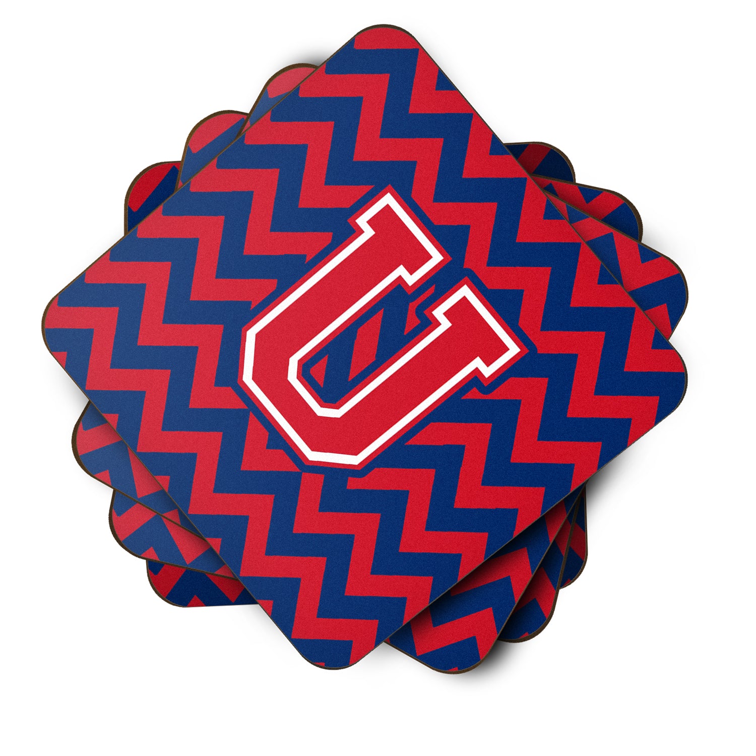 Letter U Chevron Yale Blue and Crimson Foam Coaster Set of 4 CJ1054-UFC - the-store.com