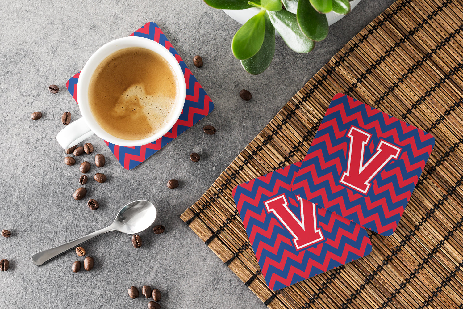 Letter V Chevron Yale Blue and Crimson Foam Coaster Set of 4 CJ1054-VFC - the-store.com