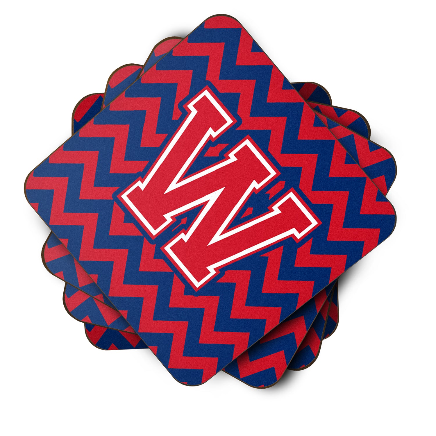 Letter W Chevron Yale Blue and Crimson Foam Coaster Set of 4 CJ1054-WFC - the-store.com