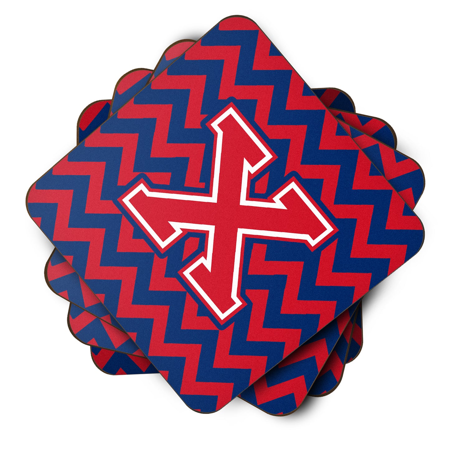 Letter X Chevron Yale Blue and Crimson Foam Coaster Set of 4 CJ1054-XFC - the-store.com