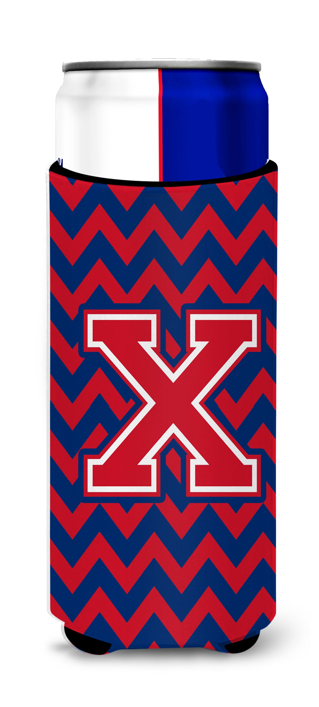 Letter X Chevron Yale Blue and Crimson Ultra Beverage Insulators for slim cans CJ1054-XMUK.