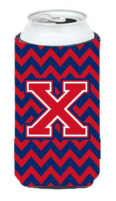 Letter X Chevron  Yale Blue and Crimson Tall Boy Beverage Insulator Hugger CJ1054-XTBC by Caroline's Treasures