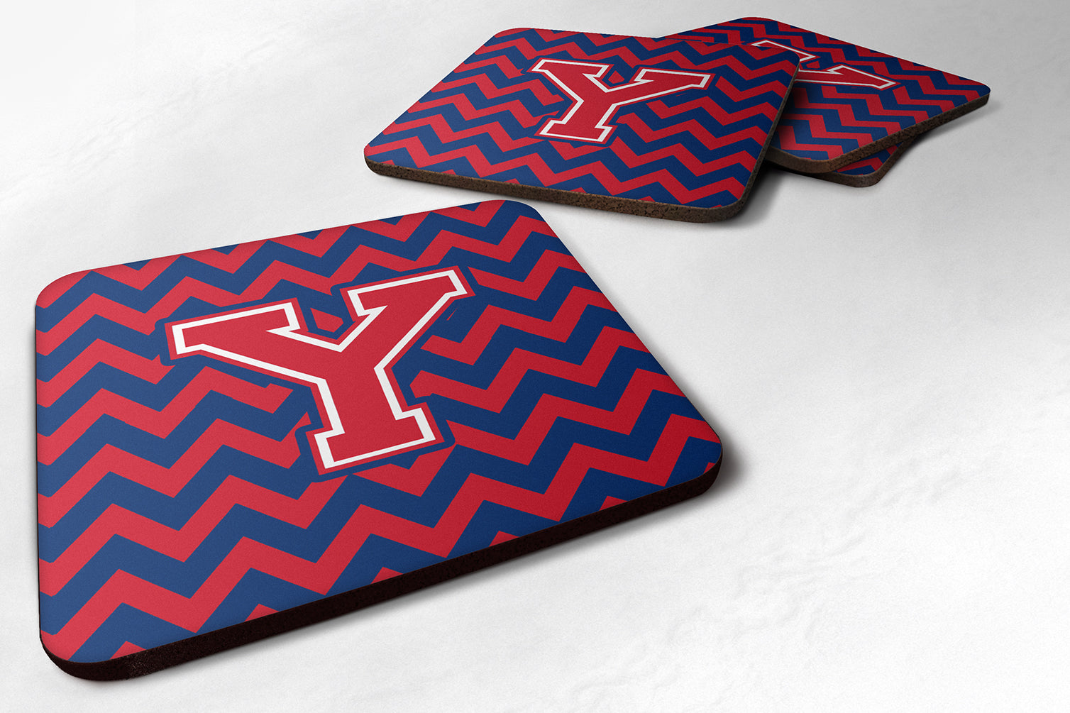 Letter Y Chevron Yale Blue and Crimson Foam Coaster Set of 4 CJ1054-YFC - the-store.com