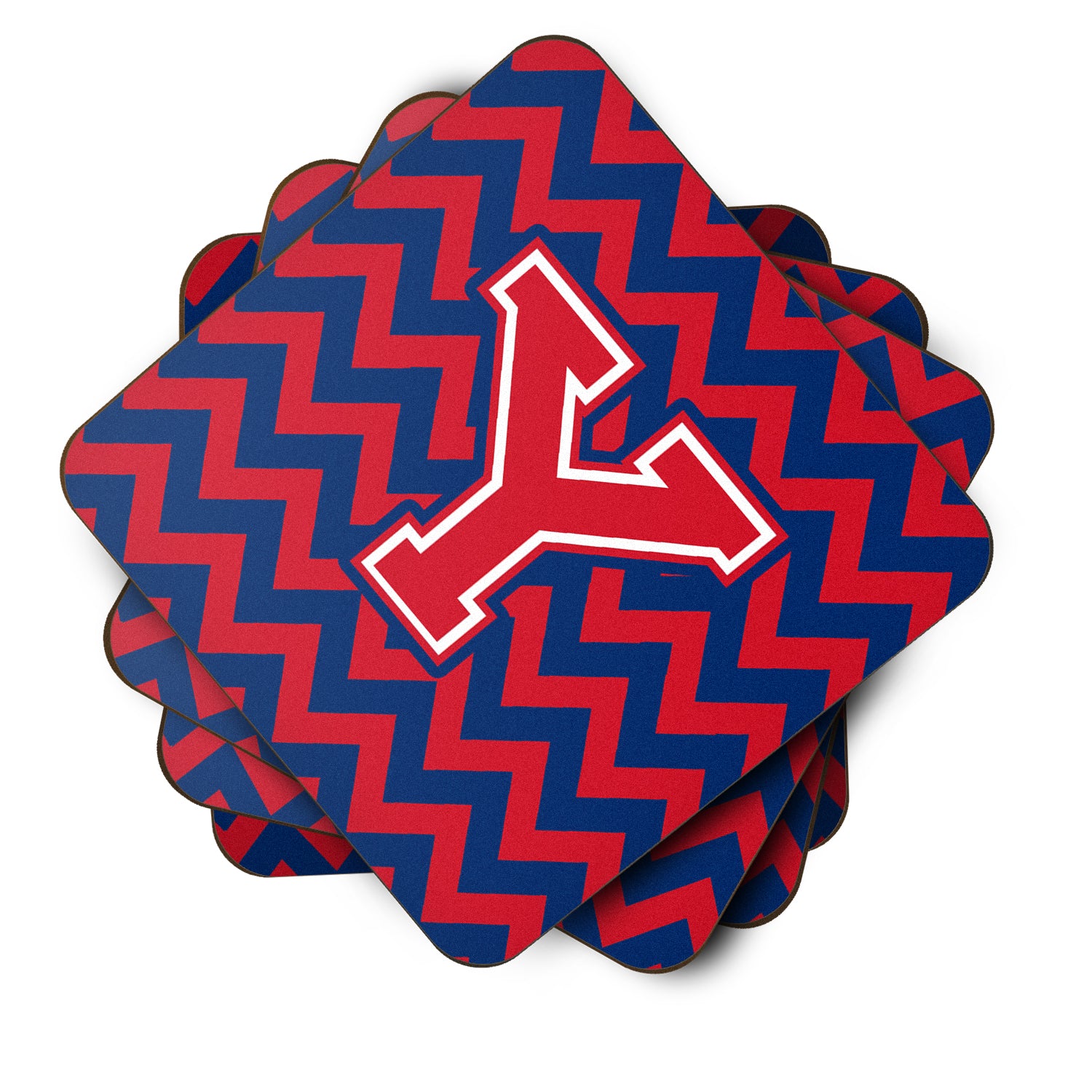 Letter Y Chevron Yale Blue and Crimson Foam Coaster Set of 4 CJ1054-YFC - the-store.com