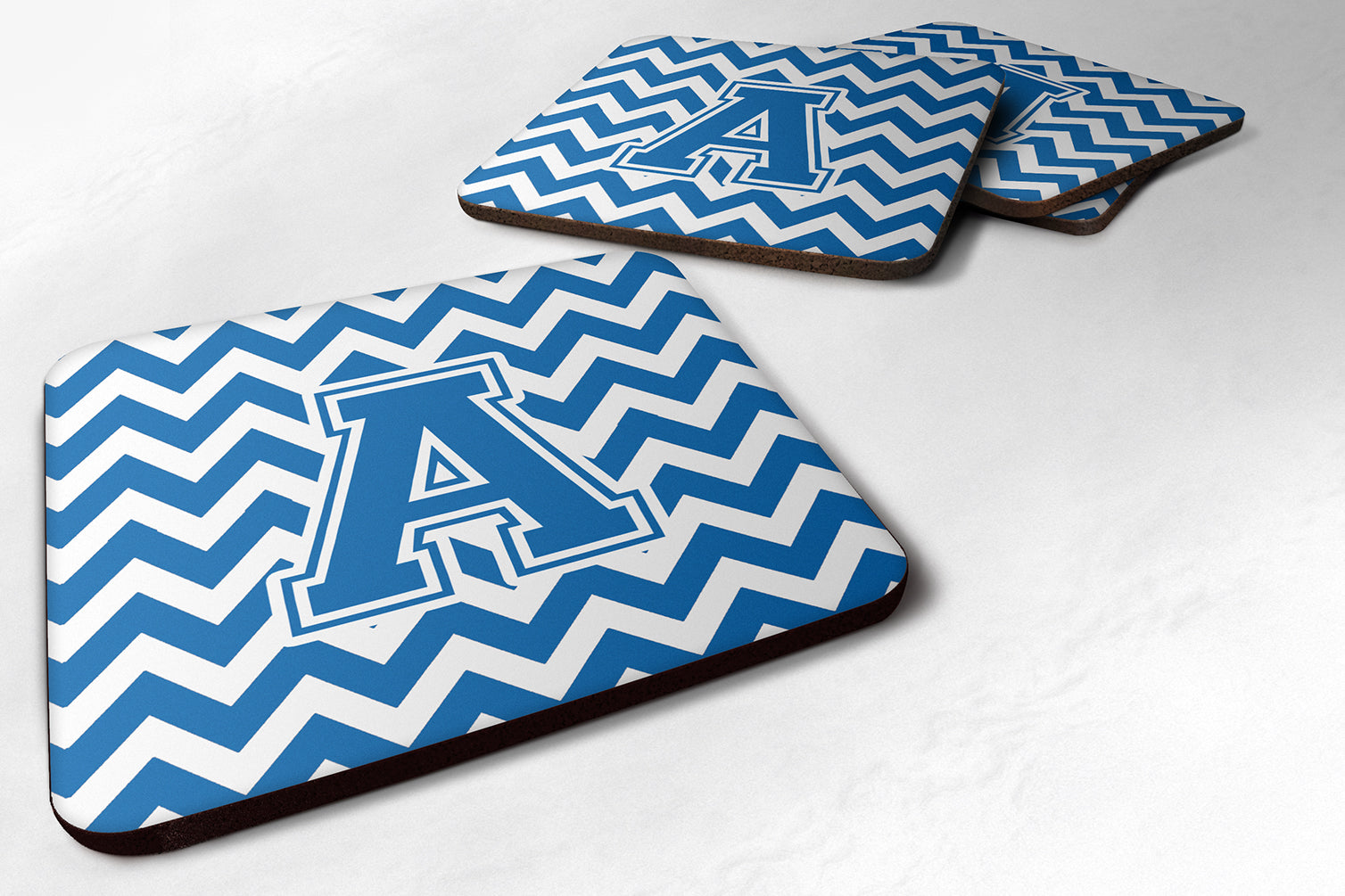 Letter A Chevron Blue and White Foam Coaster Set of 4 CJ1056-AFC - the-store.com