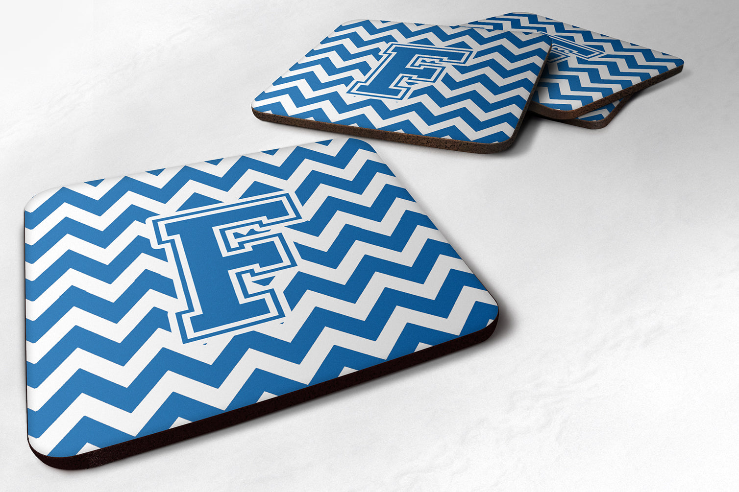 Set of 4 Letter F Chevron Blue and White Foam Coasters Set of 4 CJ1056-FFC - the-store.com