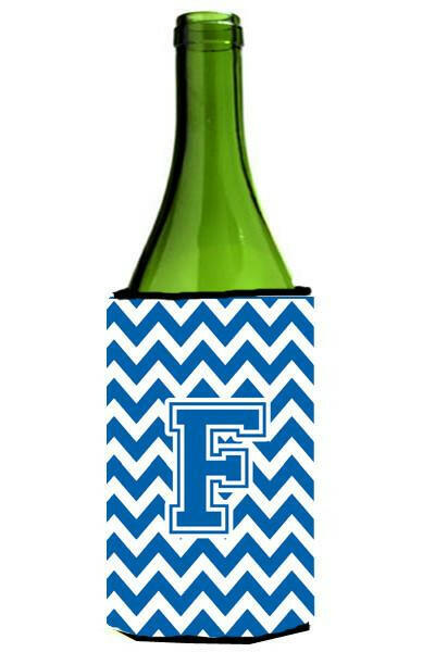 Letter F Chevron Blue and White Wine Bottle Beverage Insulator Hugger CJ1056-FLITERK by Caroline's Treasures