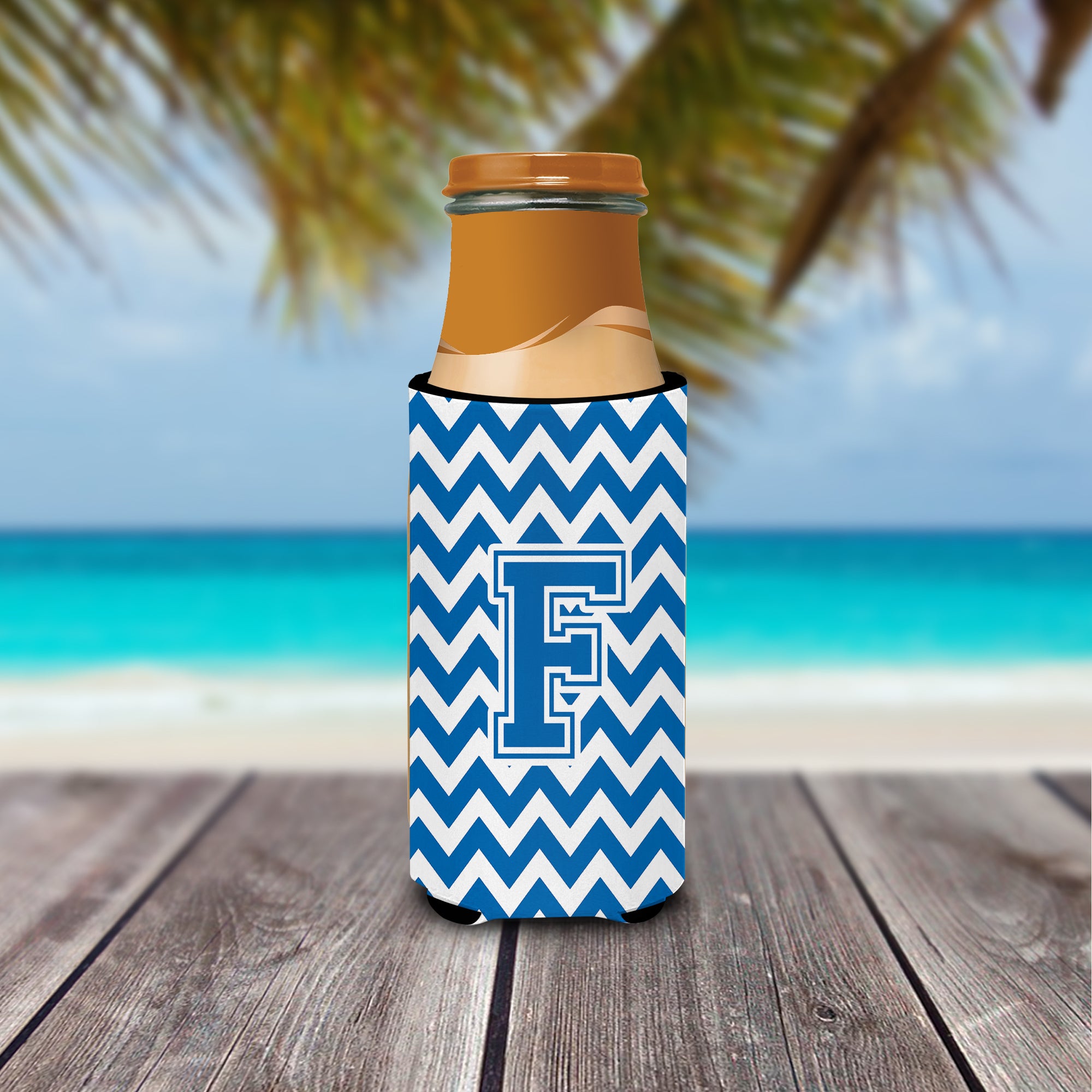 Letter F Chevron Blue and White Ultra Beverage Insulators for slim cans CJ1056-FMUK.