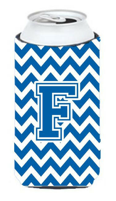 Letter F Chevron Blue and White Tall Boy Beverage Insulator Hugger CJ1056-FTBC by Caroline's Treasures