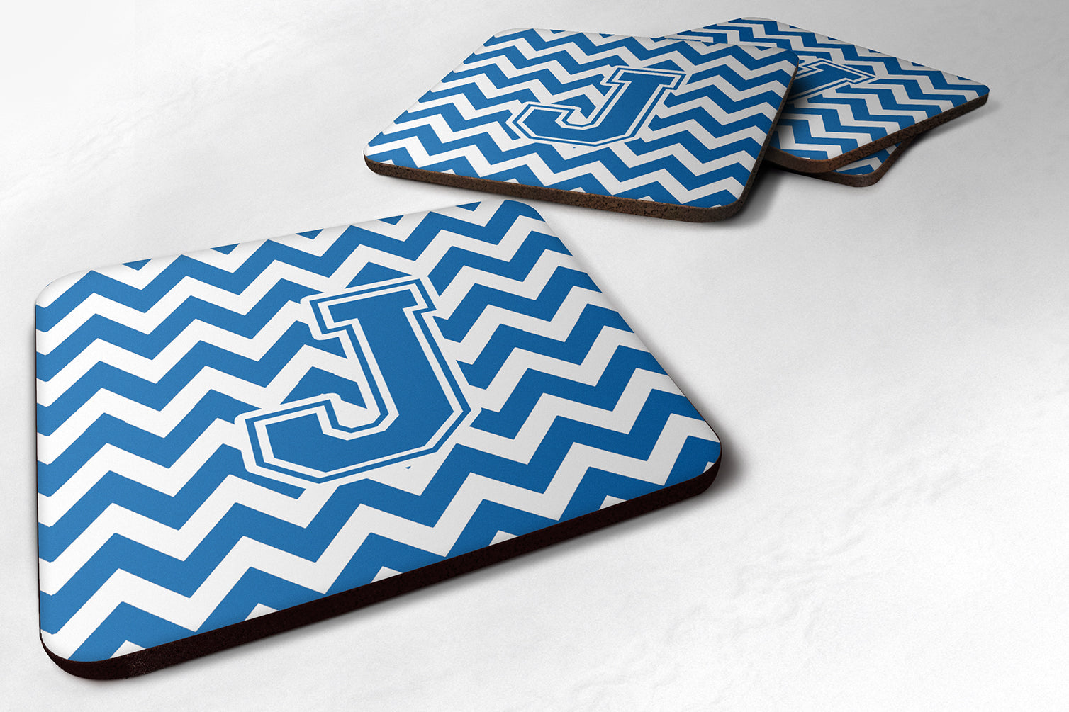 Letter J Chevron Blue and White Foam Coaster Set of 4 CJ1056-JFC - the-store.com