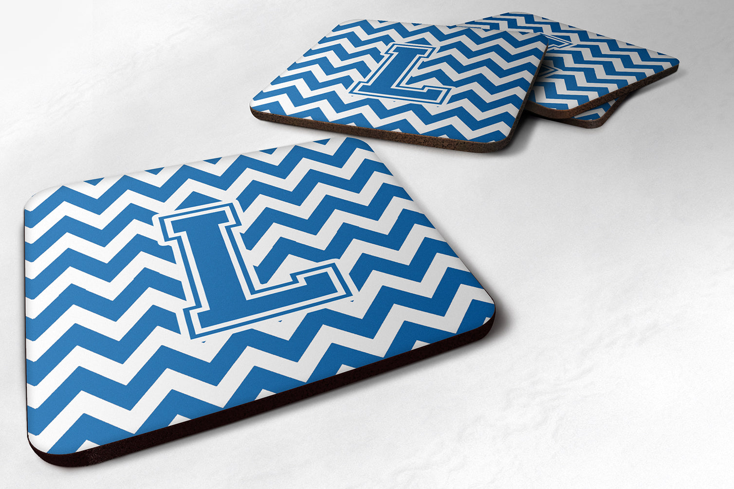 Letter L Chevron Blue and White Foam Coaster Set of 4 CJ1056-LFC - the-store.com