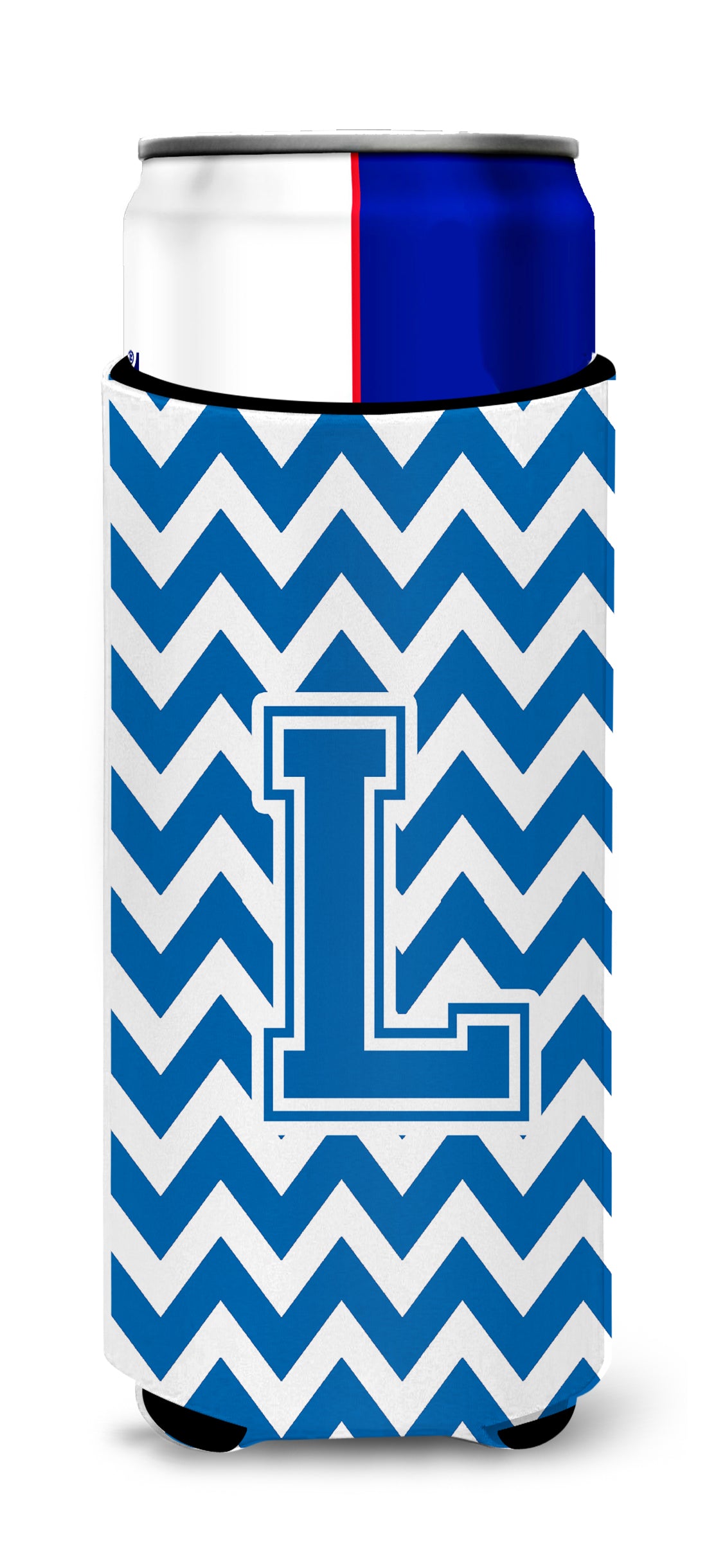 Letter L Chevron Blue and White Ultra Beverage Insulators for slim cans CJ1056-LMUK.