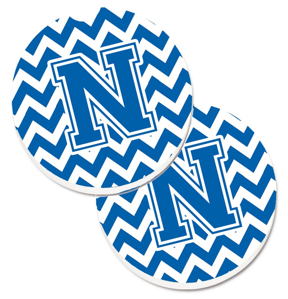 Letter N Chevron Blue and White Set of 2 Cup Holder Car Coasters CJ1056-NCARC by Caroline&#39;s Treasures