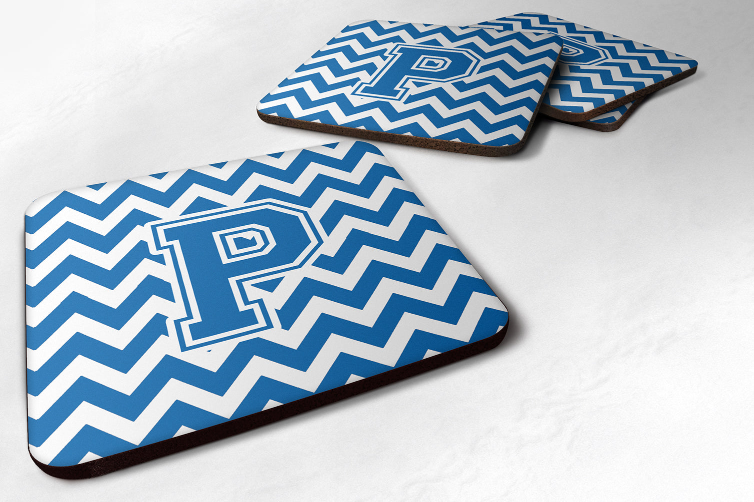 Letter P Chevron Blue and White Foam Coaster Set of 4 CJ1056-PFC - the-store.com