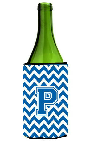 Letter P Chevron Blue and White Wine Bottle Beverage Insulator Hugger CJ1056-PLITERK by Caroline&#39;s Treasures