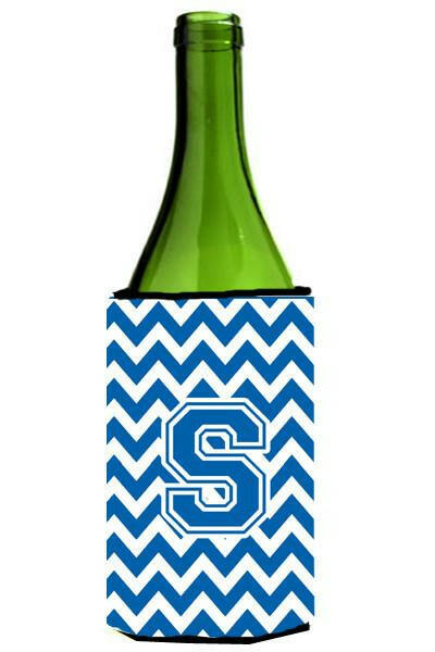 Letter S Chevron Blue and White Wine Bottle Beverage Insulator Hugger CJ1056-SLITERK by Caroline&#39;s Treasures