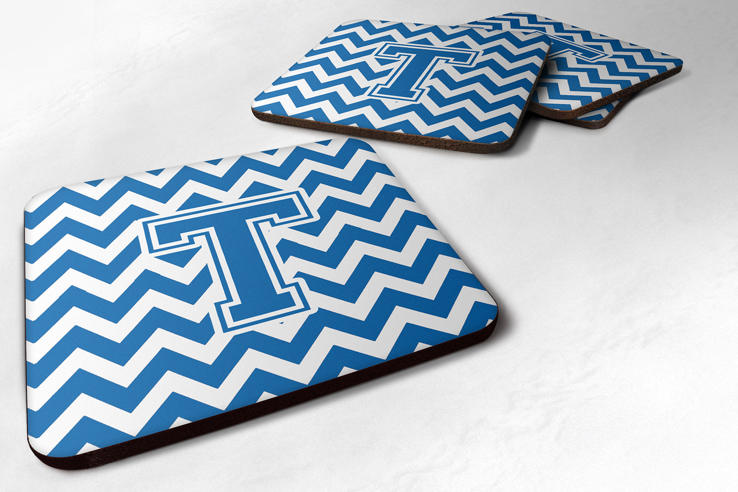 Letter T Chevron Blue and White Foam Coaster Set of 4 CJ1056-TFC - the-store.com