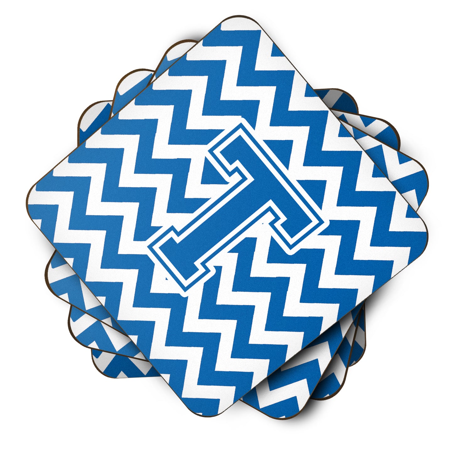 Letter T Chevron Blue and White Foam Coaster Set of 4 CJ1056-TFC - the-store.com