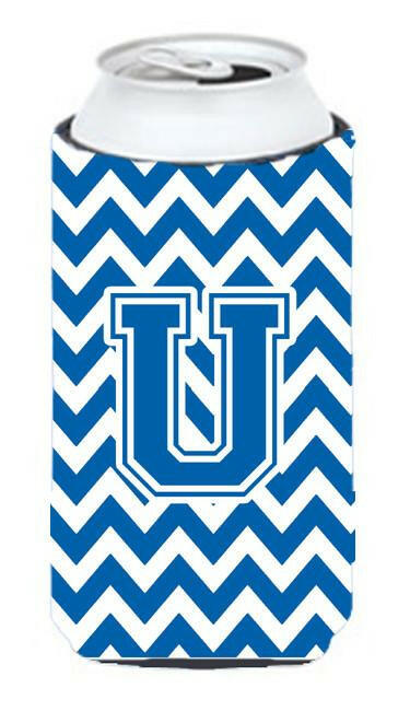 Letter U Chevron Blue and White Tall Boy Beverage Insulator Hugger CJ1056-UTBC by Caroline&#39;s Treasures