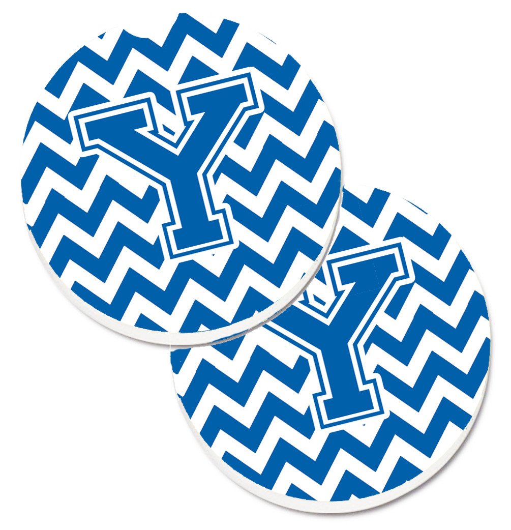 Letter Y Chevron Blue and White Set of 2 Cup Holder Car Coasters CJ1056-YCARC by Caroline&#39;s Treasures