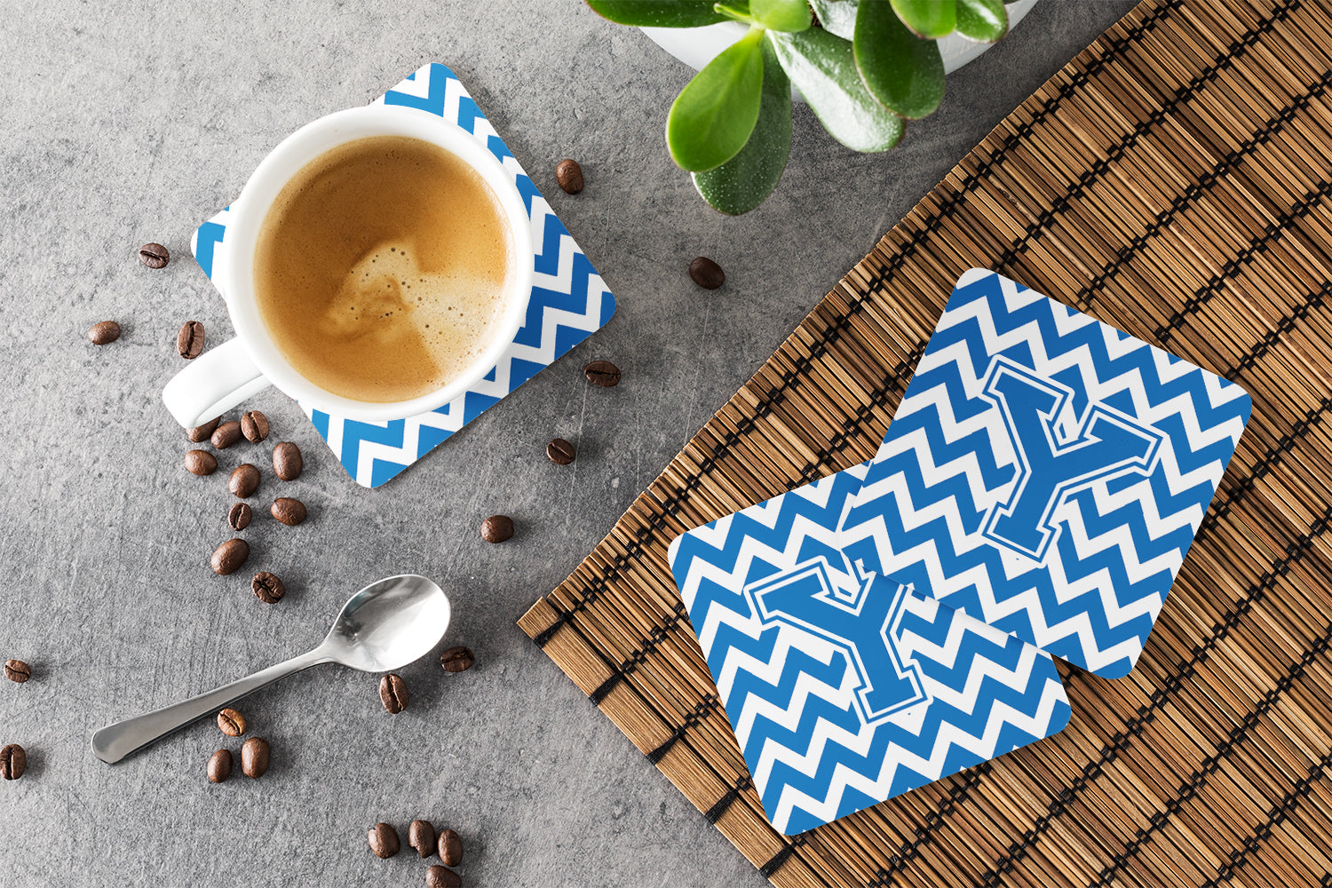 Letter Y Chevron Blue and White Foam Coaster Set of 4 CJ1056-YFC - the-store.com