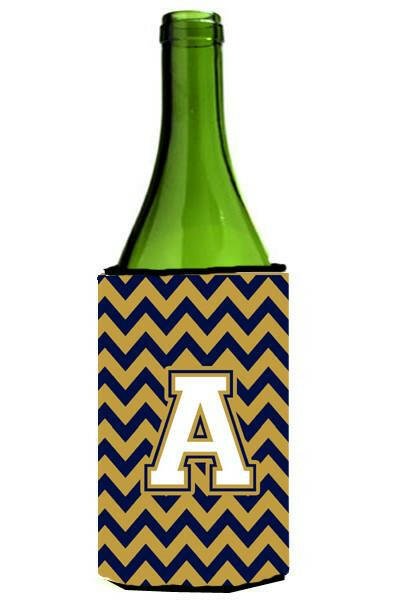 Letter A Chevron Navy Blue and Gold Wine Bottle Beverage Insulator Hugger CJ1057-ALITERK by Caroline&#39;s Treasures