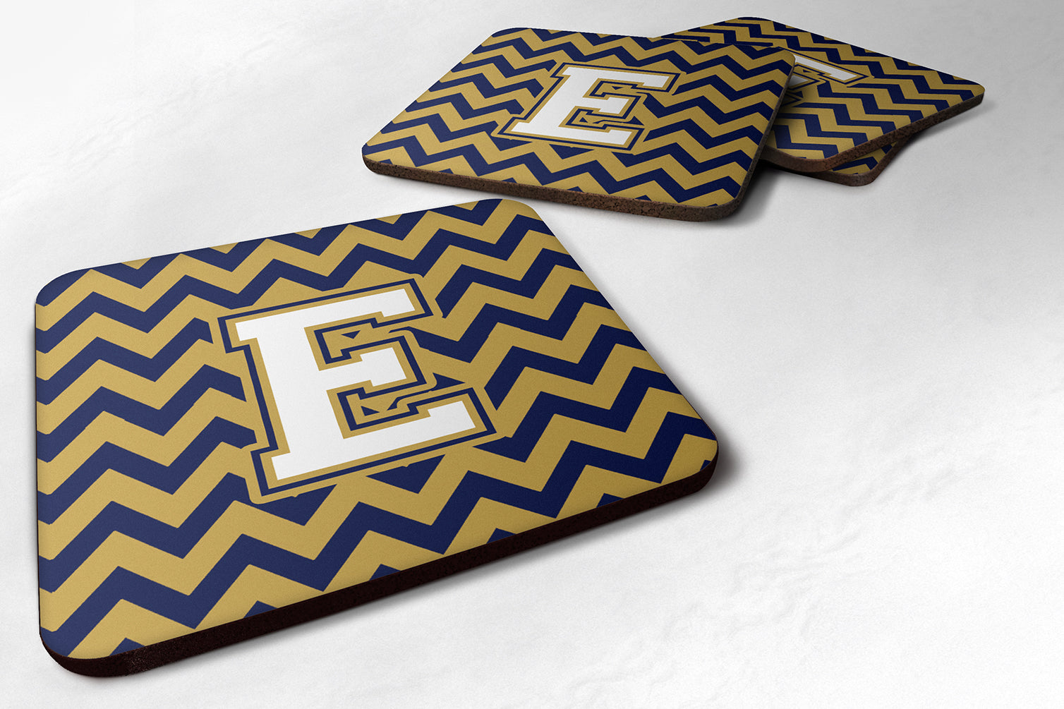 Letter E Chevron Navy Blue and Gold Foam Coaster Set of 4 CJ1057-EFC - the-store.com