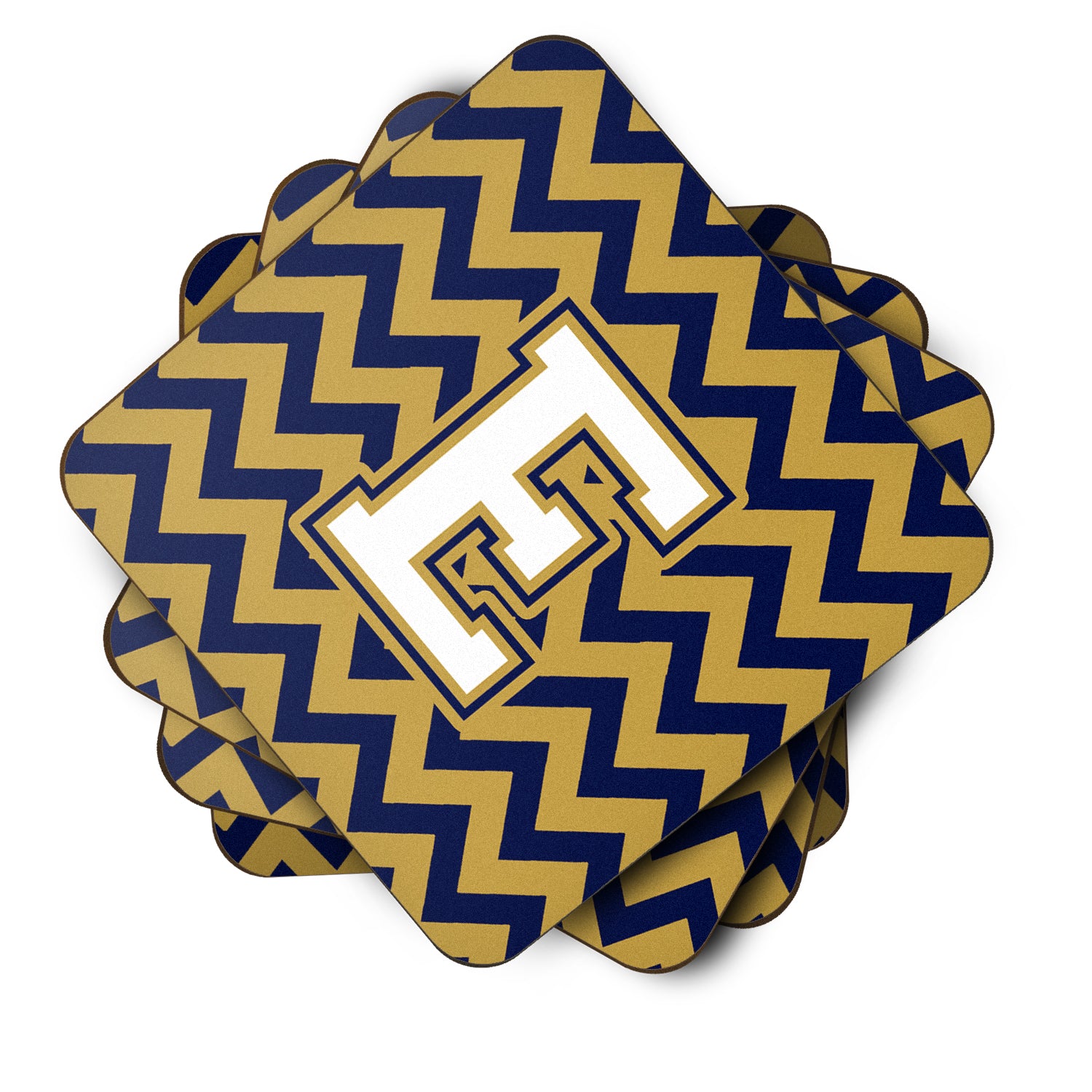 Letter E Chevron Navy Blue and Gold Foam Coaster Set of 4 CJ1057-EFC - the-store.com