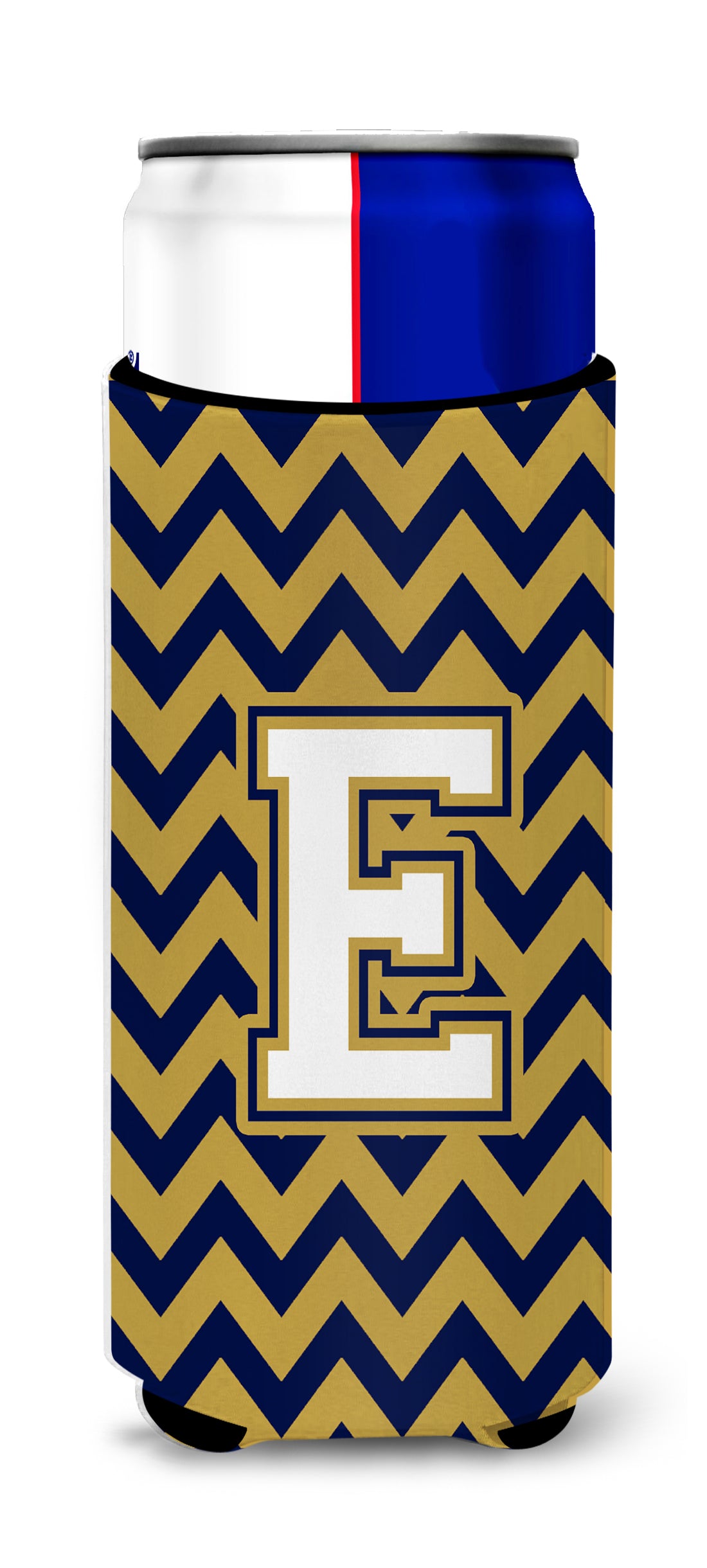 Letter E Chevron Navy Blue and Gold Ultra Beverage Insulators for slim cans CJ1057-EMUK.