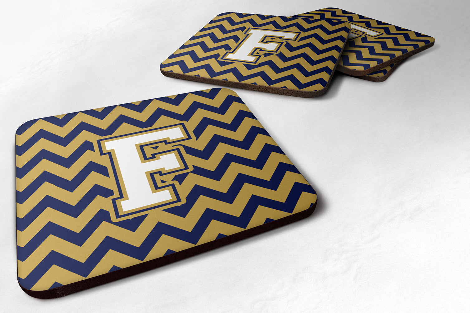 Set of 4 Letter F Chevron Navy Blue and Gold Foam Coasters Set of 4 CJ1057-FFC - the-store.com