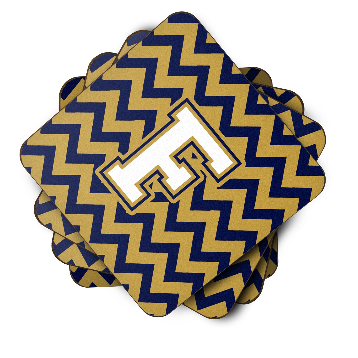 Set of 4 Letter F Chevron Navy Blue and Gold Foam Coasters Set of 4 CJ1057-FFC - the-store.com