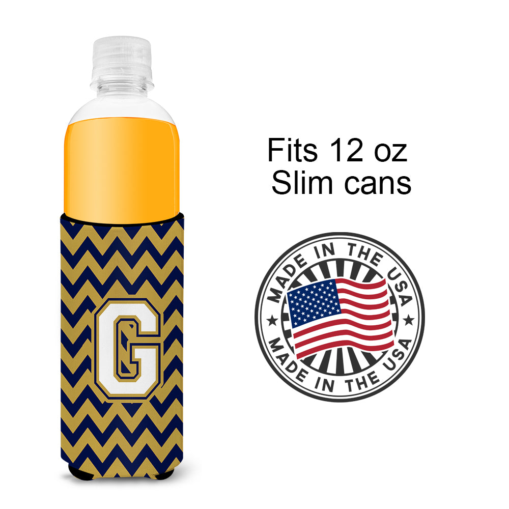 Letter G Chevron Navy Blue and Gold Ultra Beverage Insulators for slim cans CJ1057-GMUK.