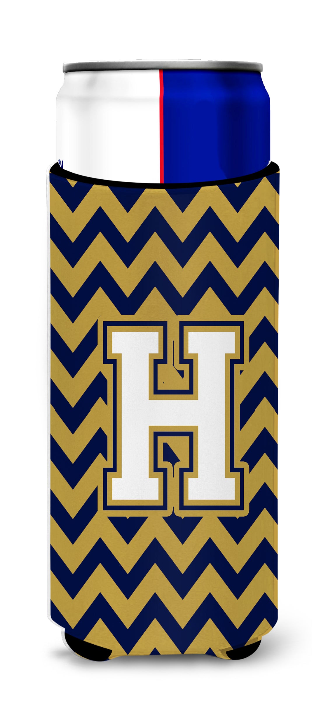 Letter H Chevron Navy Blue and Gold Ultra Beverage Insulators for slim cans CJ1057-HMUK.