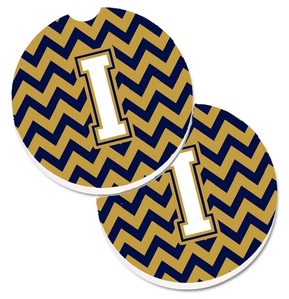 Letter I Chevron Navy Blue and Gold Set of 2 Cup Holder Car Coasters CJ1057-ICARC by Caroline&#39;s Treasures