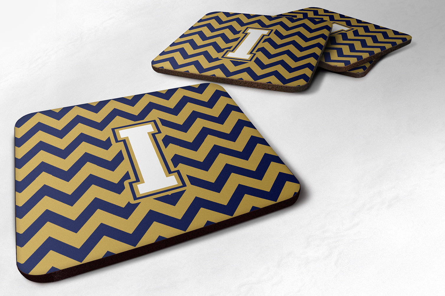 Letter I Chevron Navy Blue and Gold Foam Coaster Set of 4 CJ1057-IFC - the-store.com