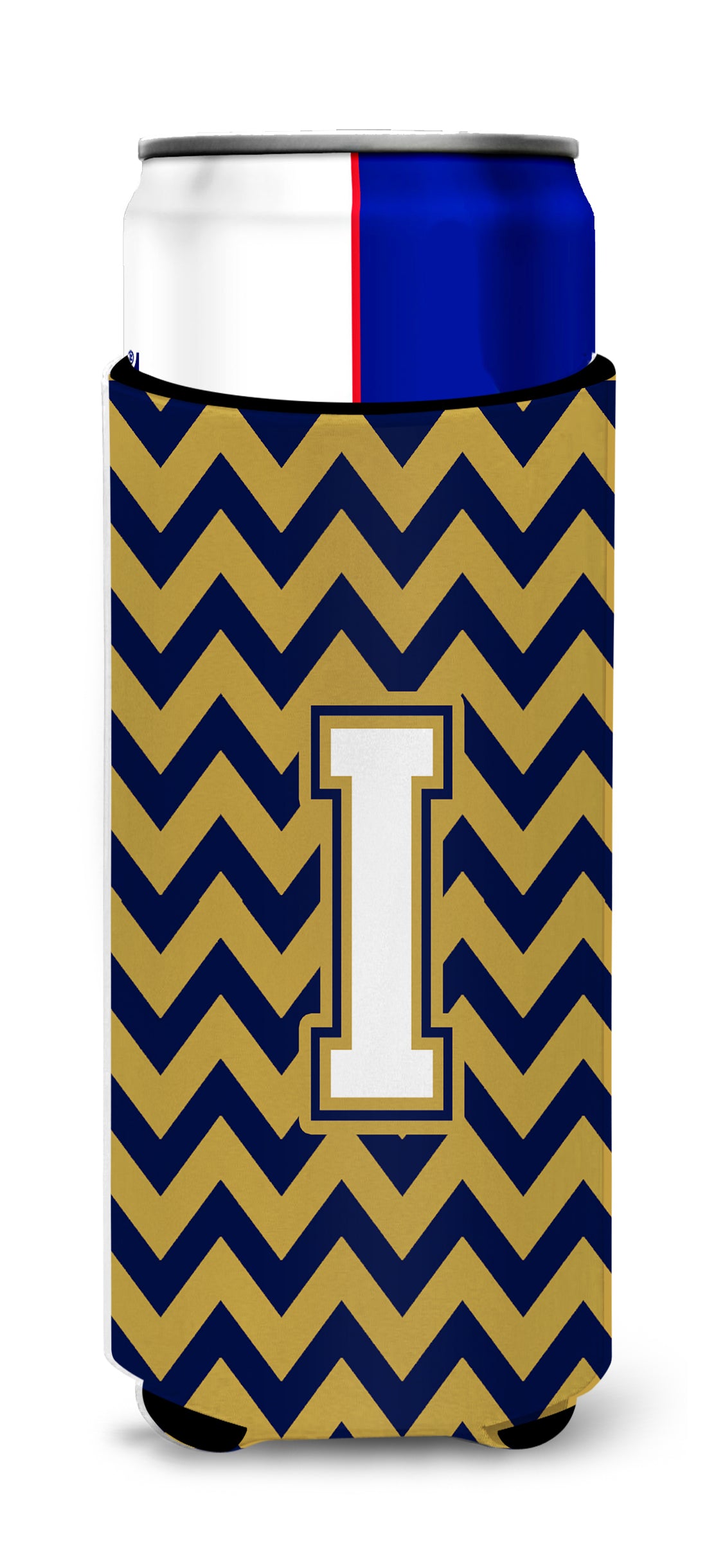 Letter I Chevron Navy Blue and Gold Ultra Beverage Insulators for slim cans CJ1057-IMUK.