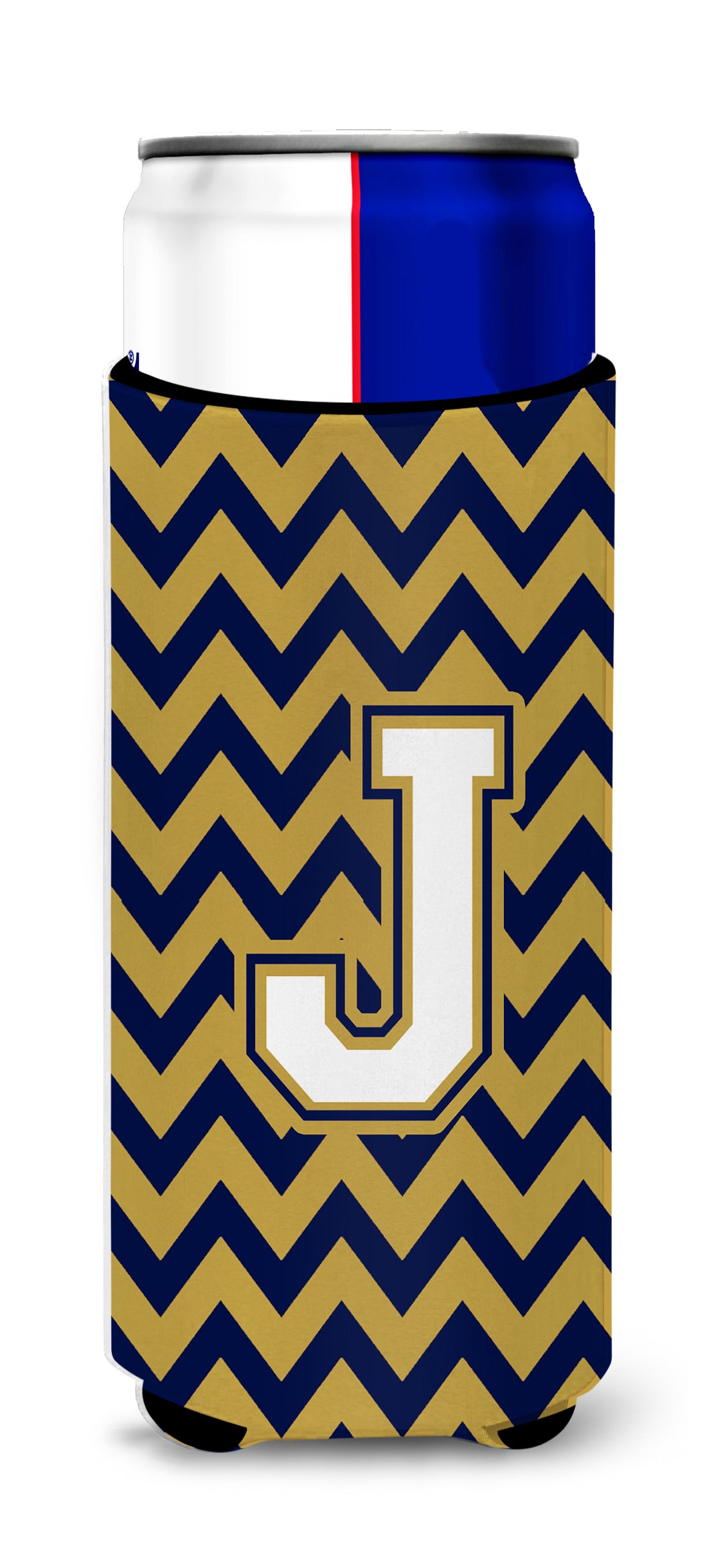 Letter J Chevron Navy Blue and Gold Ultra Beverage Insulators for slim cans CJ1057-JMUK.