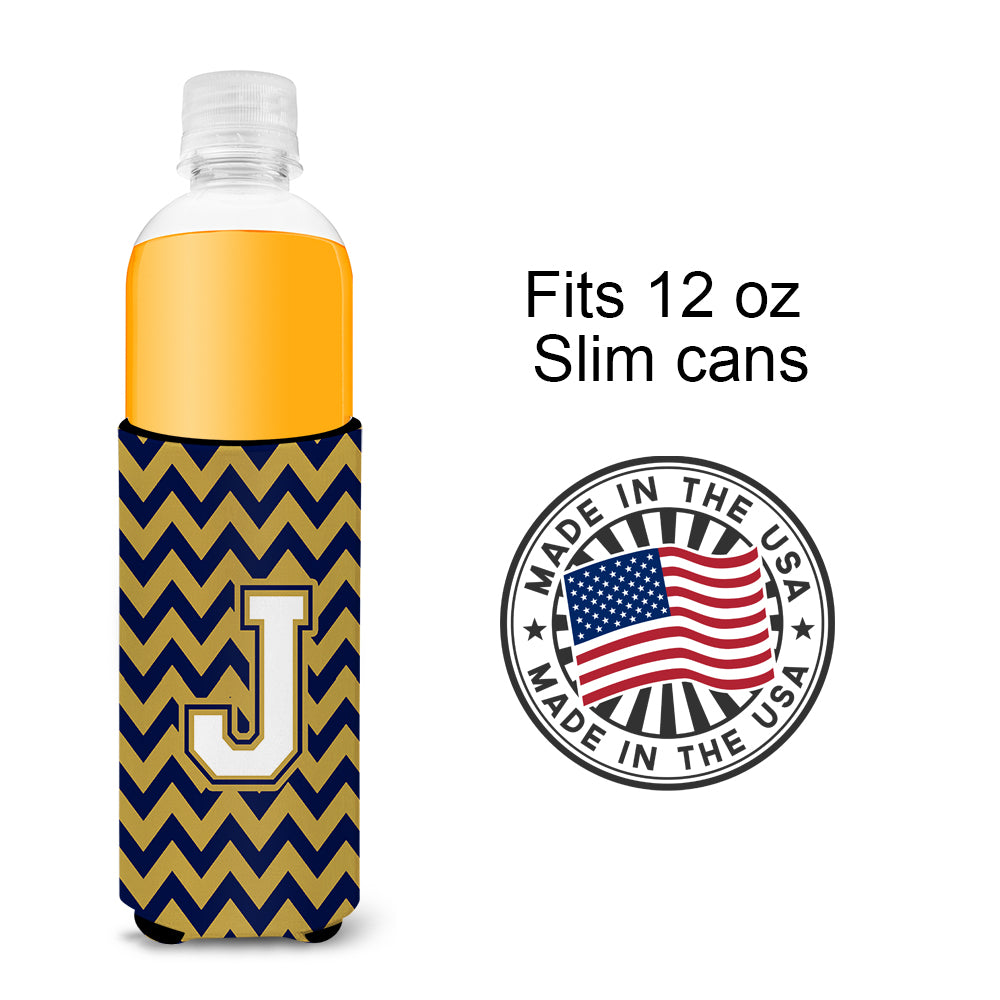 Letter J Chevron Navy Blue and Gold Ultra Beverage Insulators for slim cans CJ1057-JMUK.