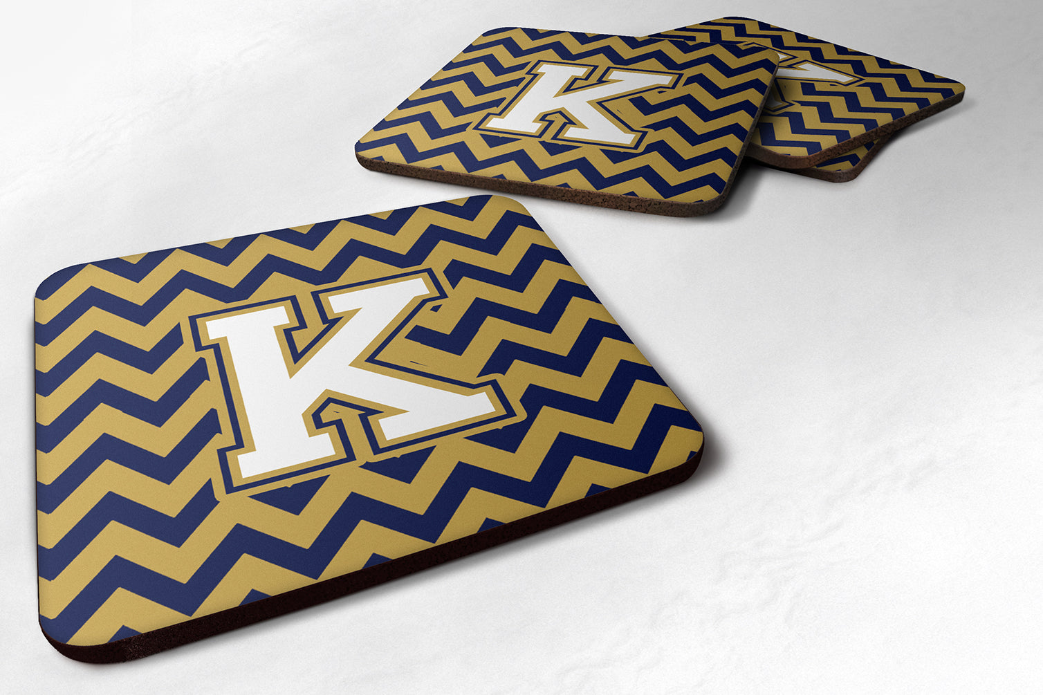 Letter K Chevron Navy Blue and Gold Foam Coaster Set of 4 CJ1057-KFC - the-store.com