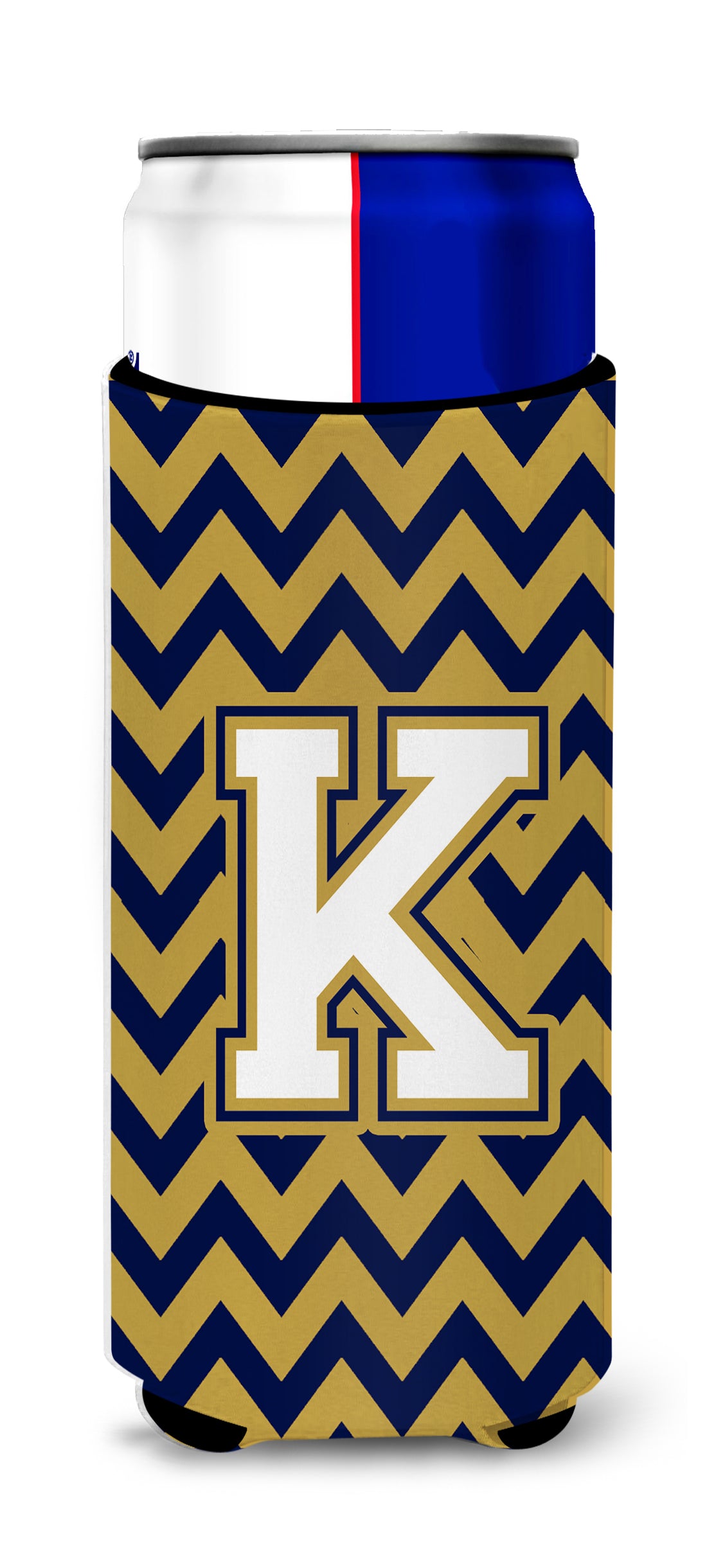 Letter K Chevron Navy Blue and Gold Ultra Beverage Insulators for slim cans CJ1057-KMUK.