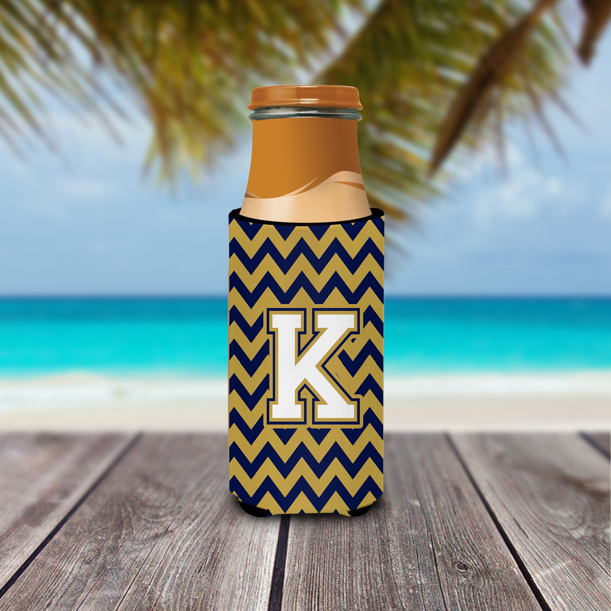 Letter K Chevron Navy Blue and Gold Ultra Beverage Insulators for slim cans CJ1057-KMUK.