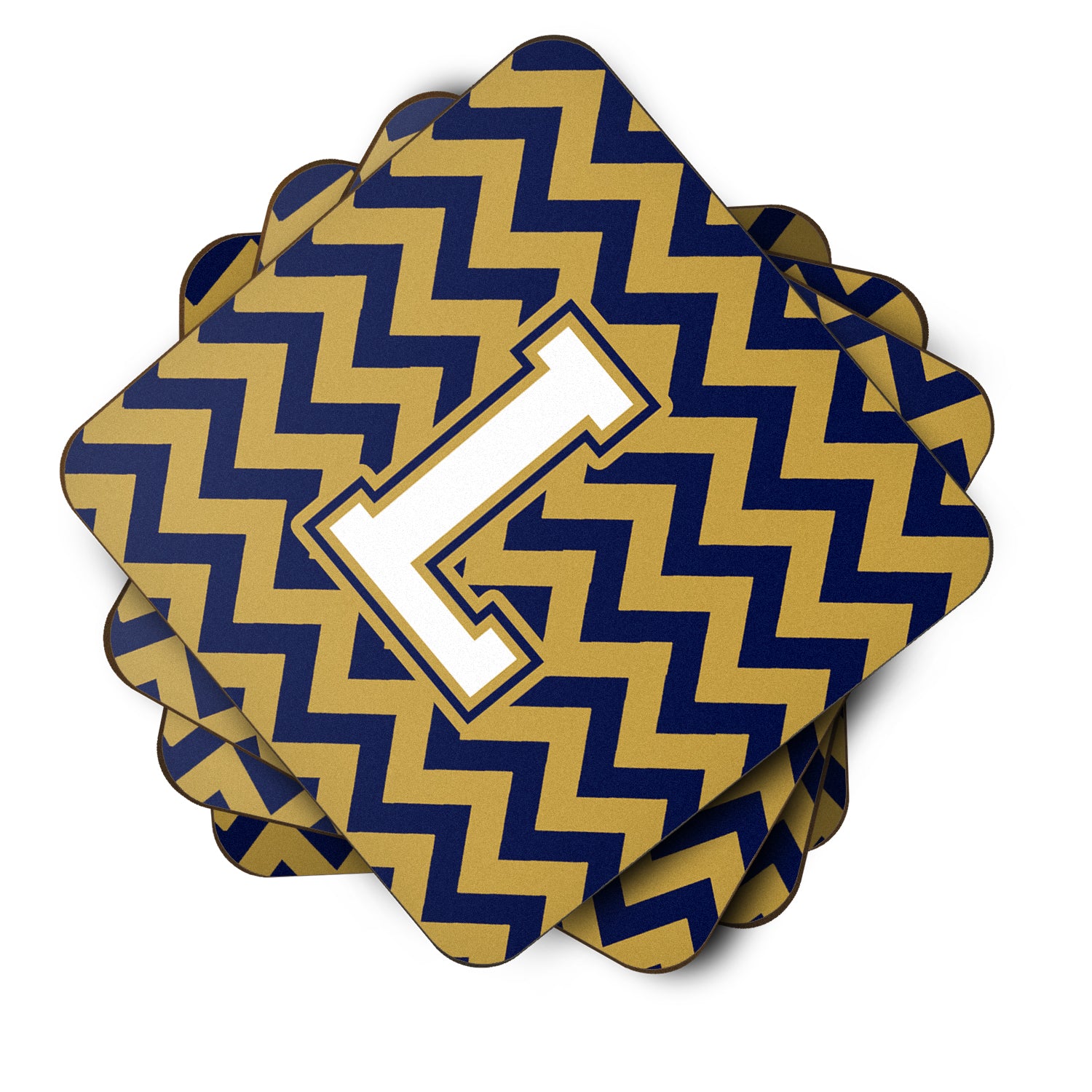 Letter L Chevron Navy Blue and Gold Foam Coaster Set of 4 CJ1057-LFC - the-store.com