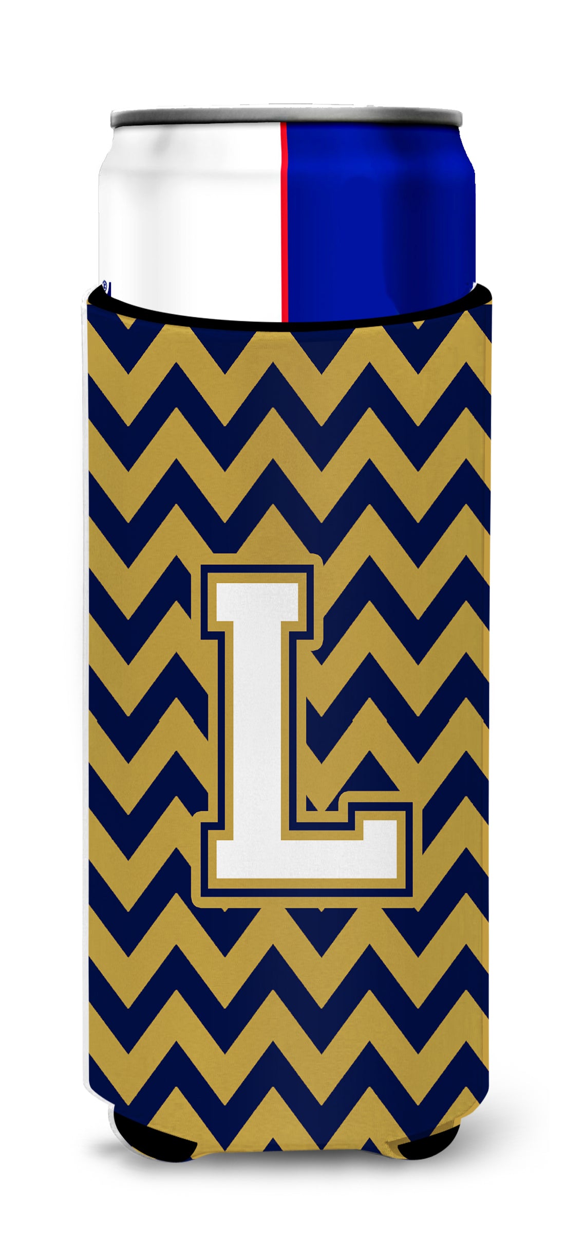 Letter L Chevron Navy Blue and Gold Ultra Beverage Insulators for slim cans CJ1057-LMUK.