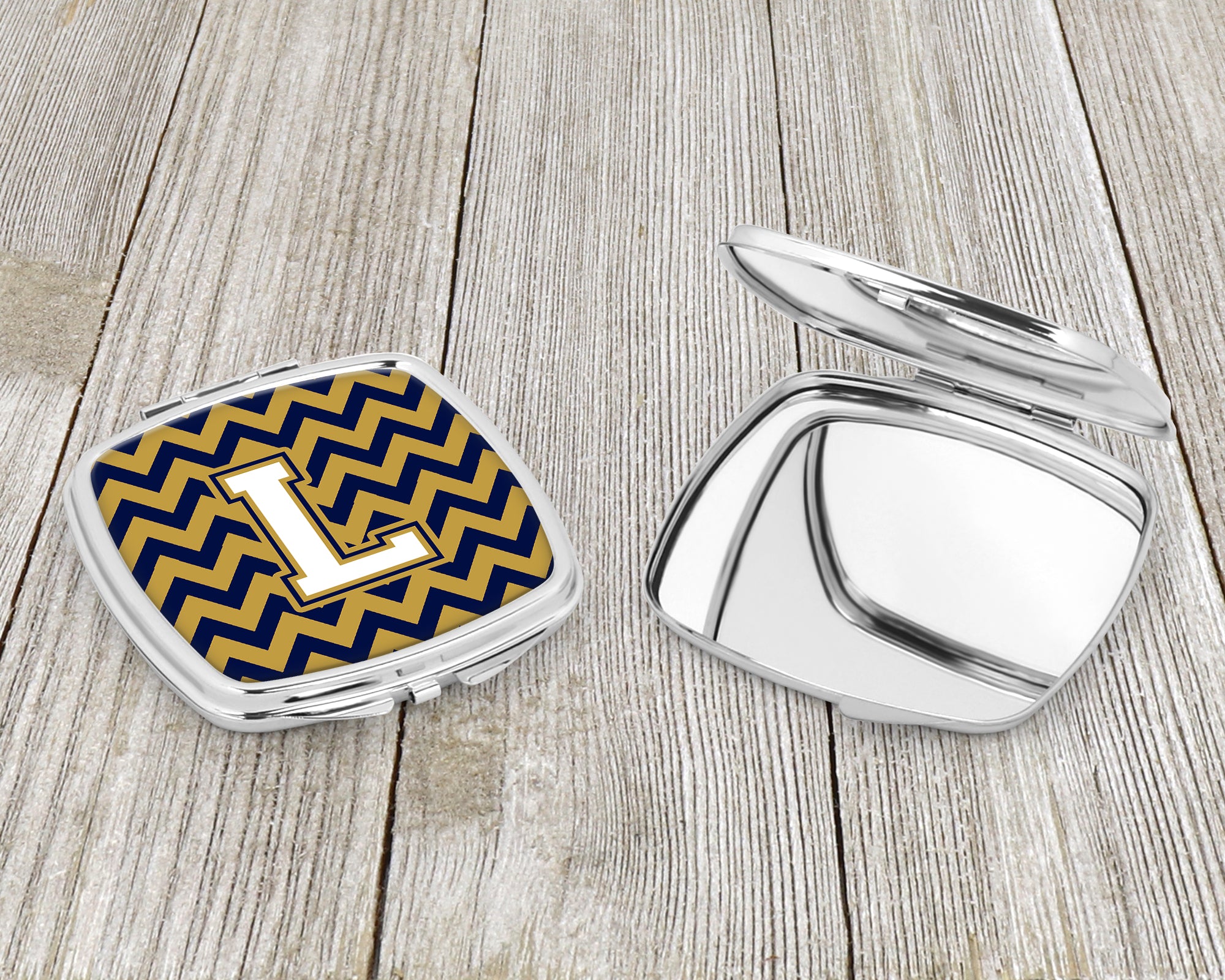 Letter L Chevron Navy Blue and Gold Compact Mirror CJ1057-LSCM  the-store.com.